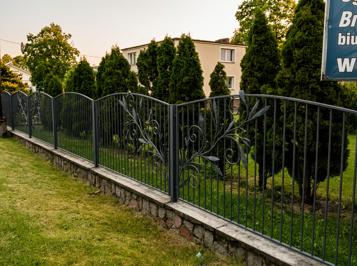 Ozdobne ogrodzenie metalowe z motywem florystycznym